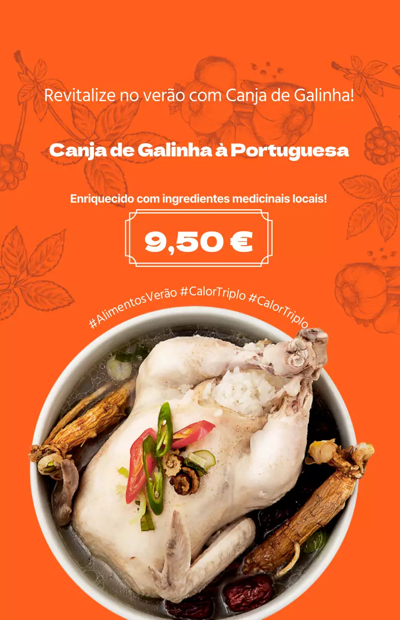 Bo-yang Samgyetang com um fundo laranja vibrante e ilustrações coreanas