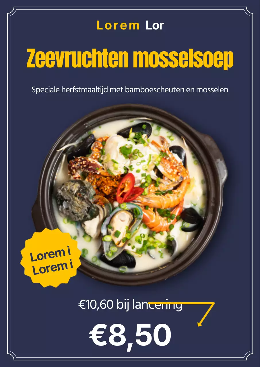Mosselsoep Strakke lay-out van foto's en tekst, met gele accenten en herfstige seizoensgerechten Catering
