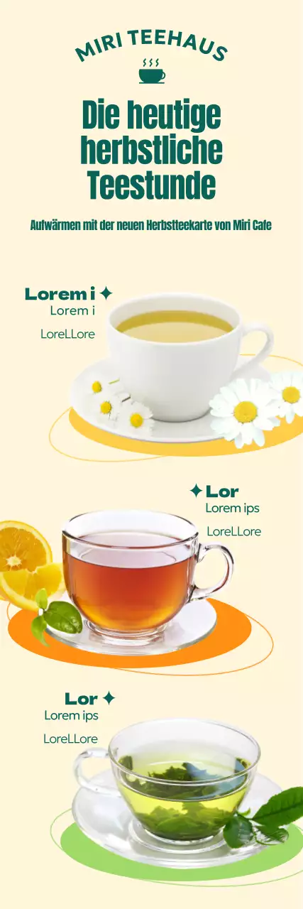 Eine Café-Speisekarte mit farbenfrohen geometrischen Grafiken und Fotos von warmen herbstlichen Teegetränken