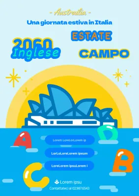 Poster del campeggio inglese con una simpatica illustrazione blu e gialla dell'Australia