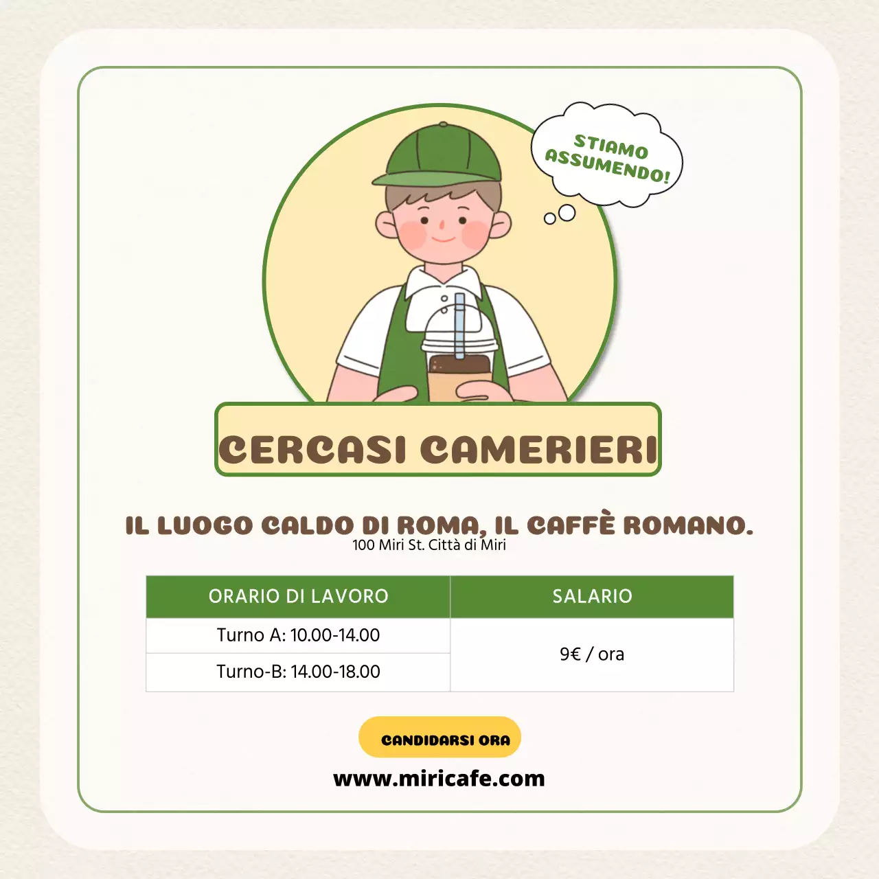 Annuncio per il reclutamento di personale di un caffè con simpatiche illustrazioni in beige e verde V1