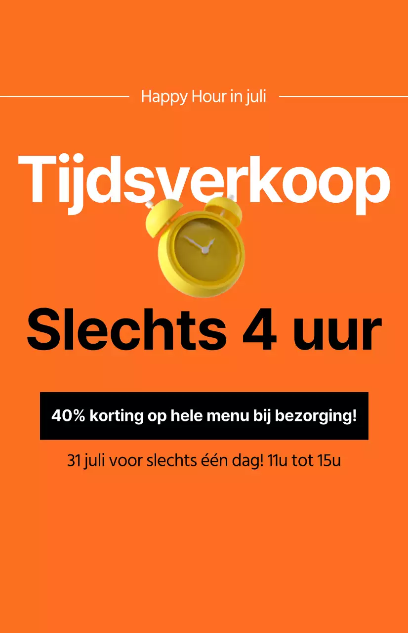 Een pittige tijd verkoop promotie met een afbeelding van een wekker op een oranje achtergrond