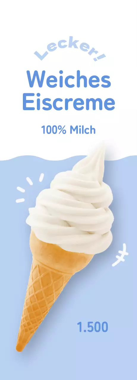 Bewerben Sie eine saubere, hübsche Speisekarte mit weißem Eis auf hellblauem Hintergrund