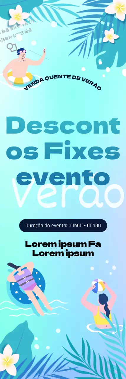 Um evento de alojamento de férias de verão com um fundo oceânico fresco em gradiente e ilustrações de palmeiras e natação.