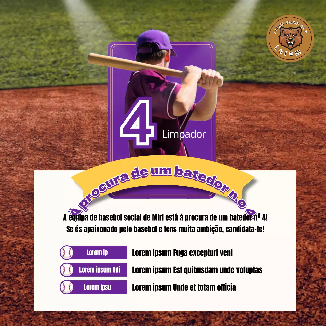 Um conceito de cartão de jogo de basebol roxo e amarelo com um batedor número quatro.
