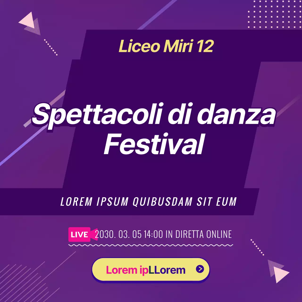 Streaming online in diretta di uno spettacolo di danza con elementi grafici viola