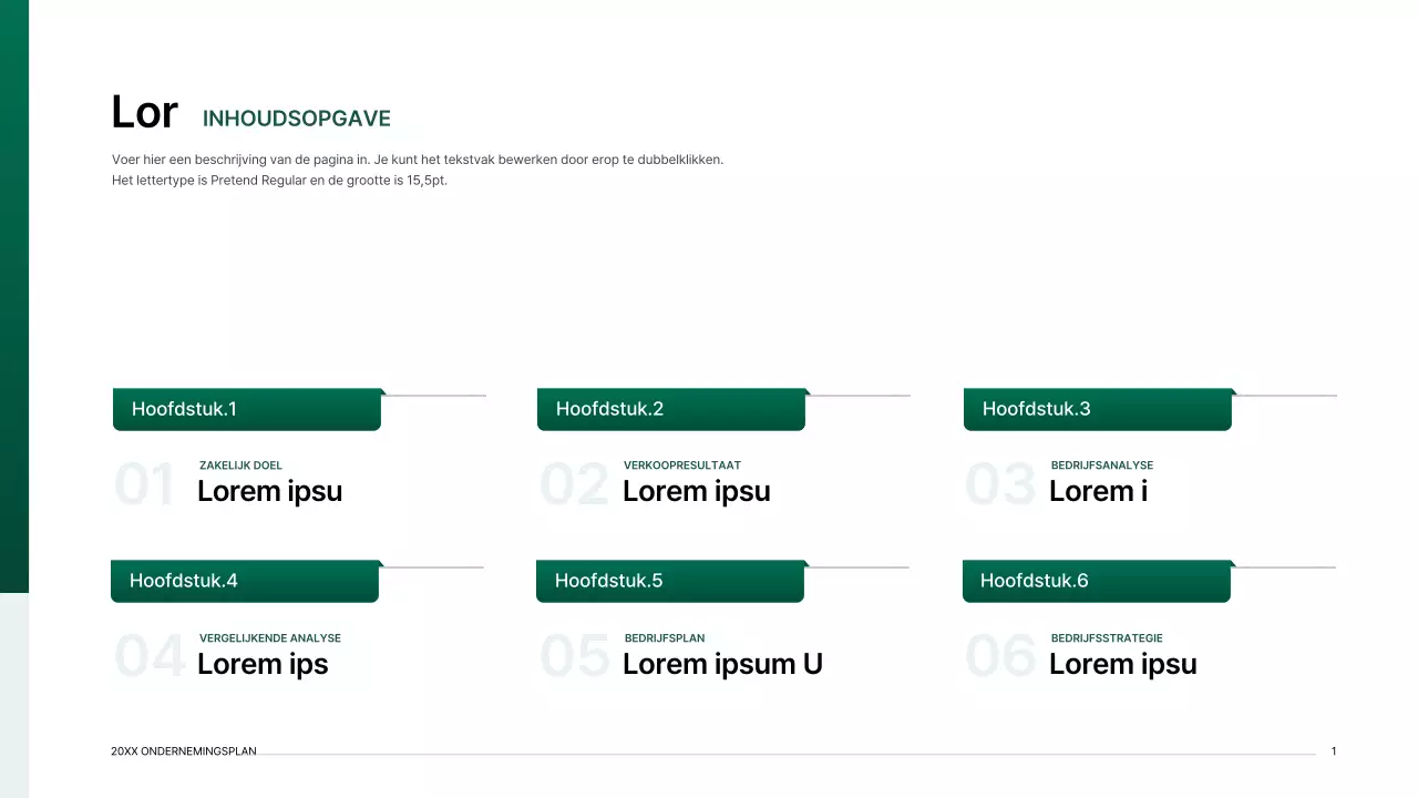 Presentatiepakket voor ondernemingsplan met een indexconcept met kleurverloop in groen