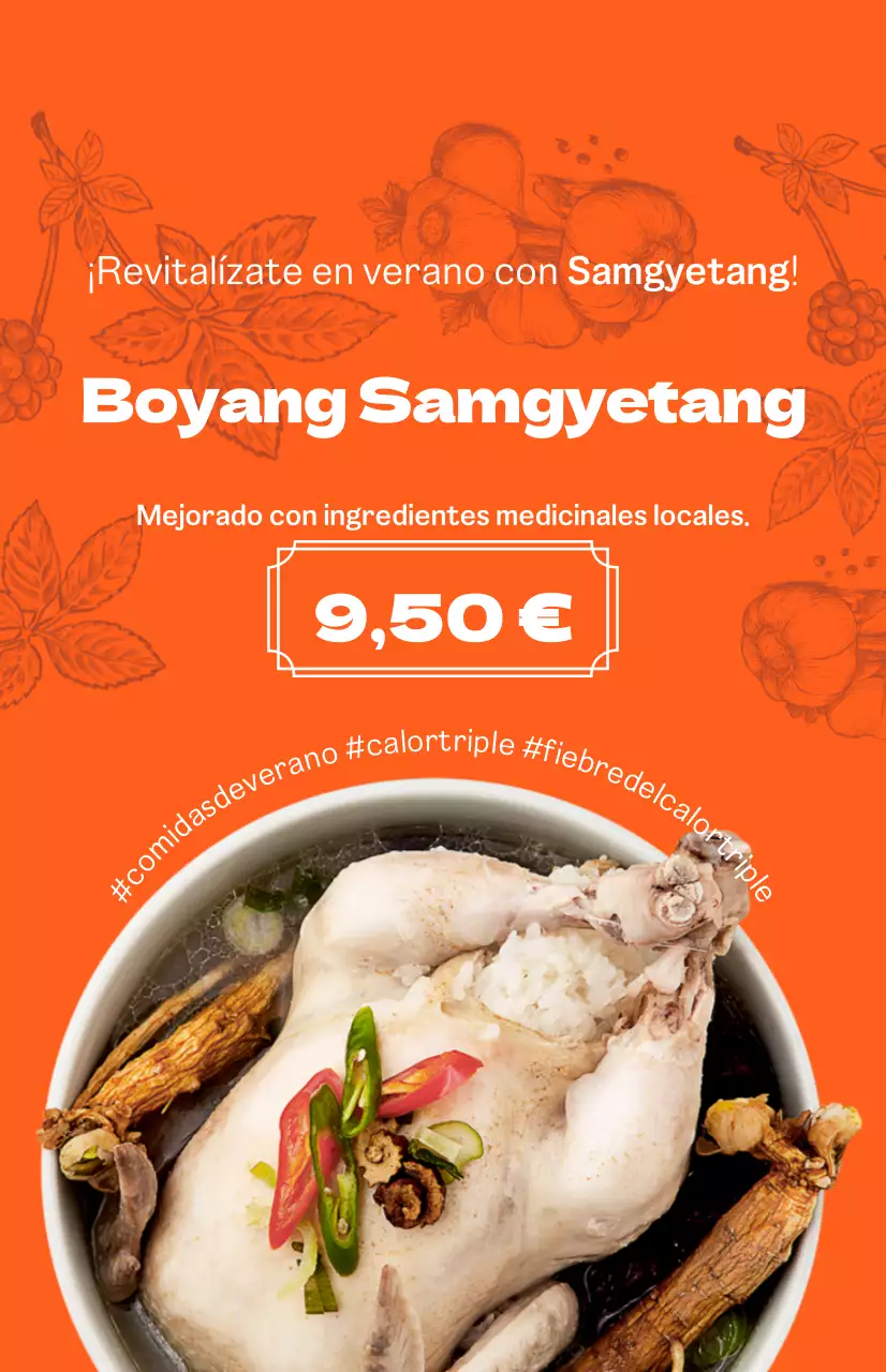 Boyang Samgyetang con un vibrante fondo naranja e ilustraciones coreanas