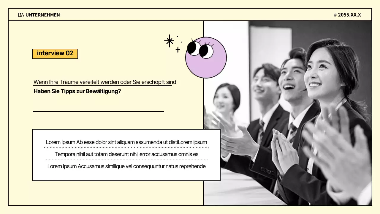 Ein kitschiges Geschäftsinterview in Lila und Gelb