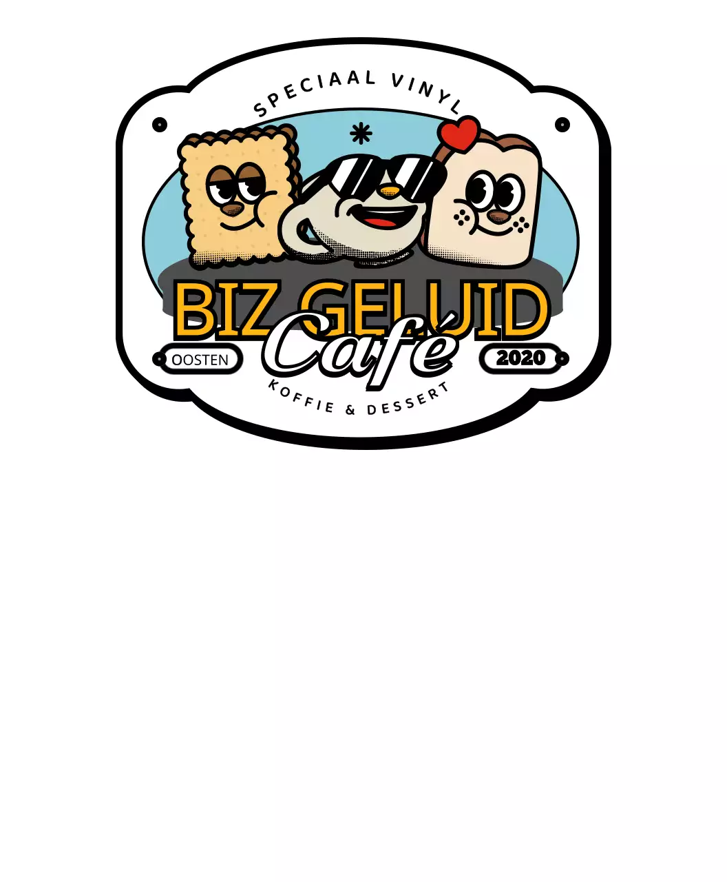 Een serie leuke en hippe café-artikelen in logo-stijl in geel en zwart.