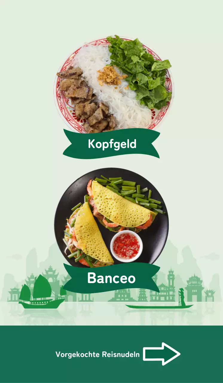 Werbung für eine saubere Speisekarte mit einem Bild von Reisnudeln in einer grünen Akzentfarbe