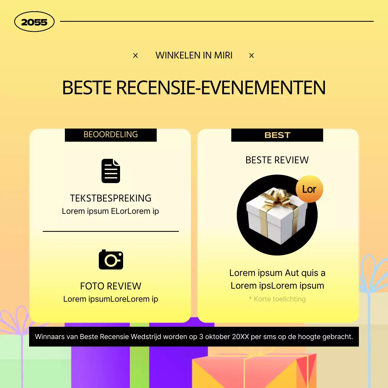 Eenvoudige gele en oranje evenementaankondiging voor geschenken