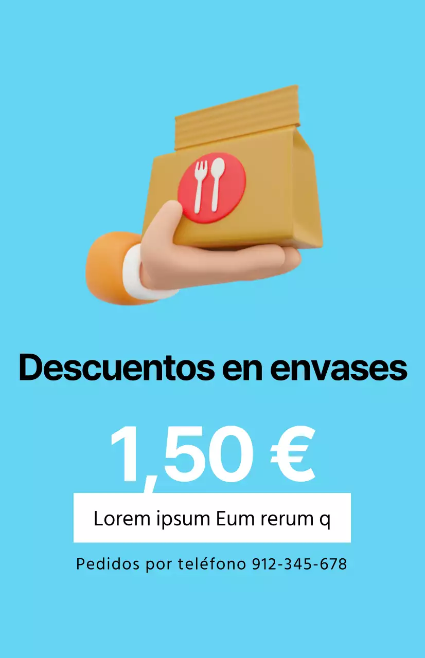 Una promoción de descuento limpia con una imagen de comida para llevar sobre un fondo azul claro.