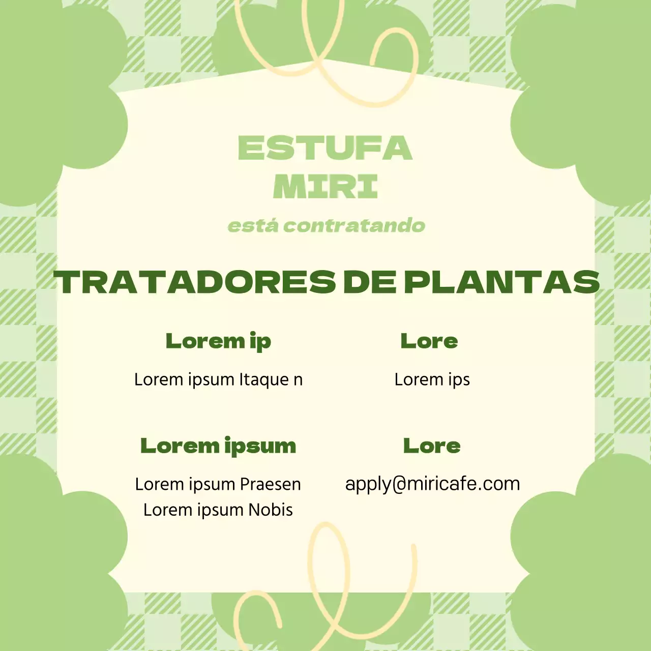 Anúncio de emprego com fundo verde pastel e decoração floral V1