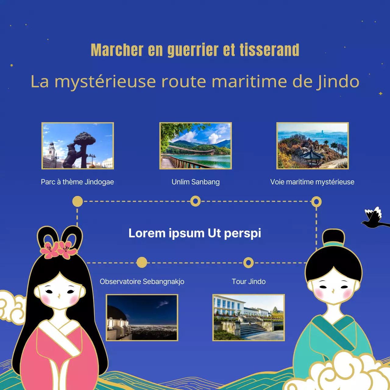 Visites thématiques de l'année jubilaire du chien et des constellations du tisseur avec des illustrations traditionnelles et orientales en bleu, turquoise et violet.