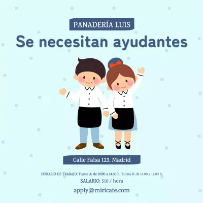 Simpático y sencillo anuncio de empleo con fondo azul claro y texto azul V1