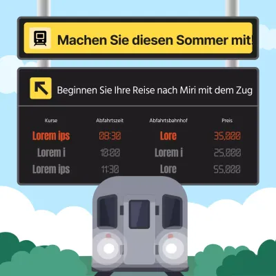 Schwarze und gelbe Plakate werben für das Reisen mit dem Zug