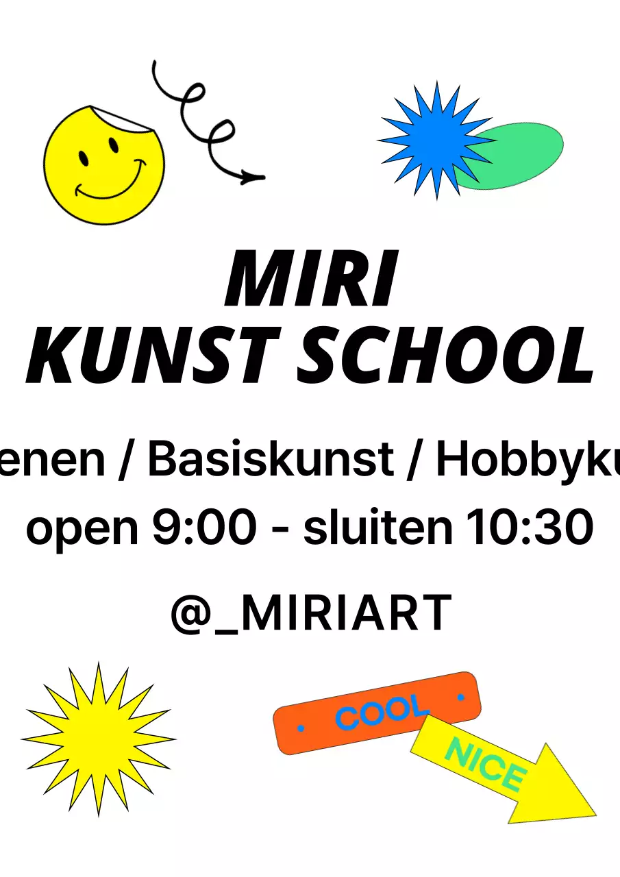 Een promotioneel ontwerp voor een kunstschool met een verscheidenheid aan kleurrijke stickers.