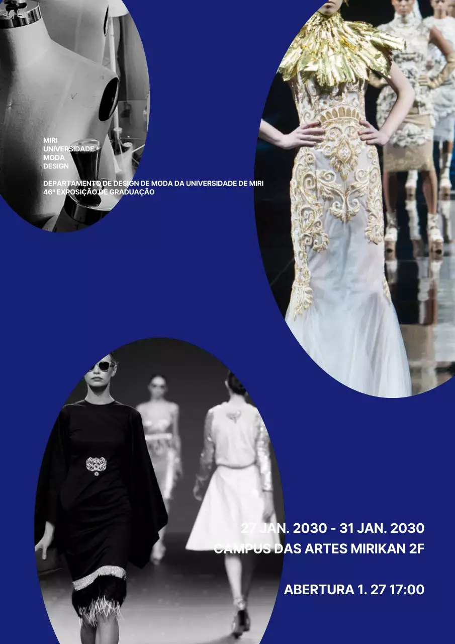 Cartaz da exposição de graduação do Departamento de Design de Moda em azul