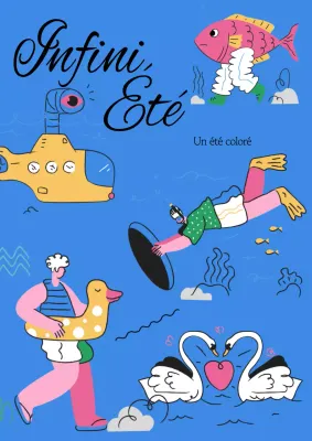 Promotion de l'été avec des illustrations artistiques sur fond bleu
