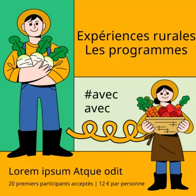Personnage d'agriculteur en jaune et menthe pour promouvoir les expériences rurales