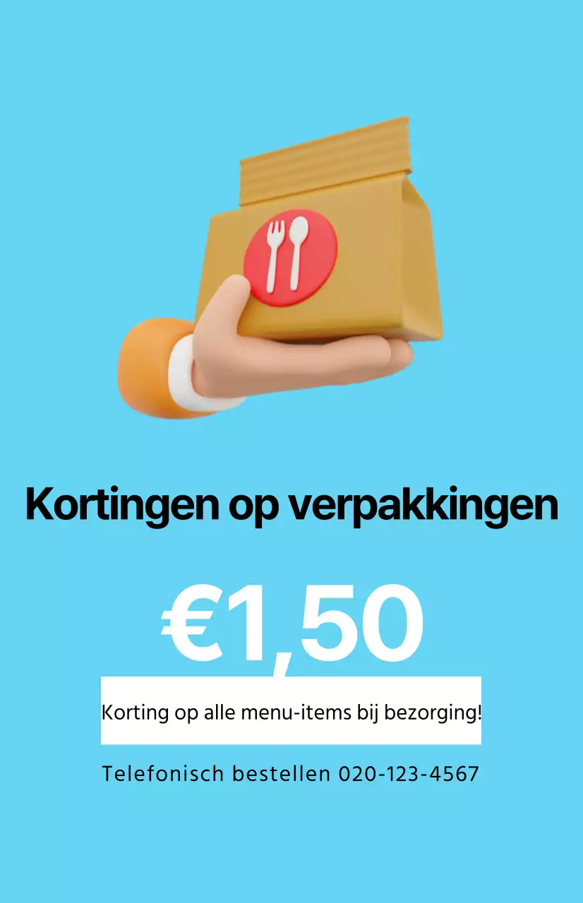 Een strakke kortingsactie met een take-away afbeelding op een lichtblauwe achtergrond