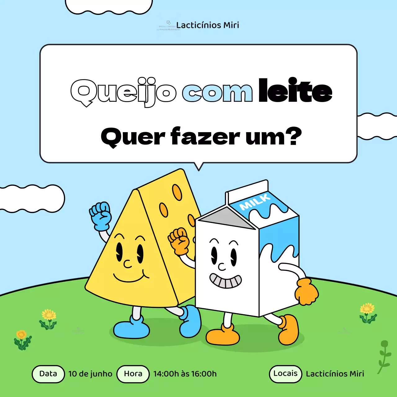 Promover uma experiência minimalista de uma exploração leiteira em banda desenhada em azul claro e amarelo