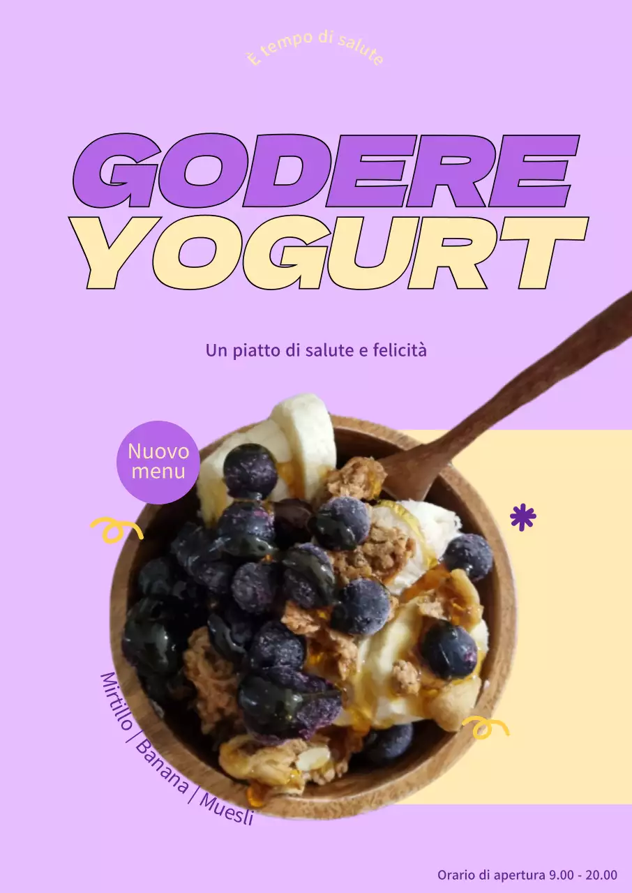 Poster con titolo dinamico in una combinazione di colori viola e giallo