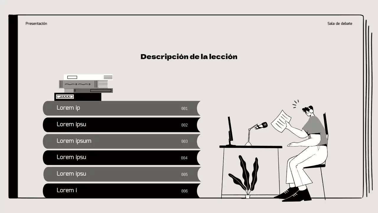 Aula de debate del libro destacando las ilustraciones de dibujo en beige y negro