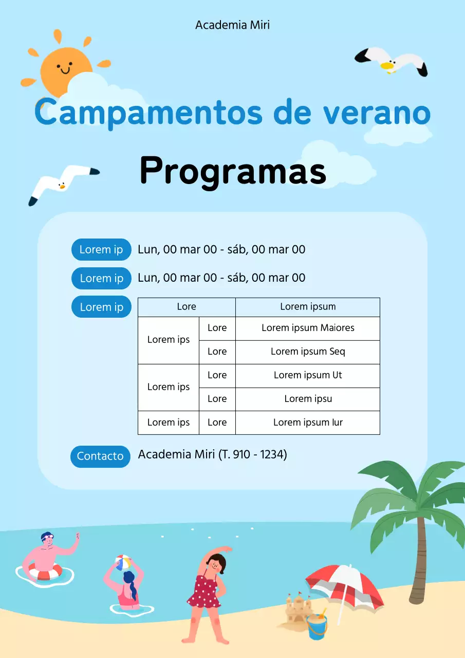 Una guía del campamento de verano de la escuela con un telón de fondo costero