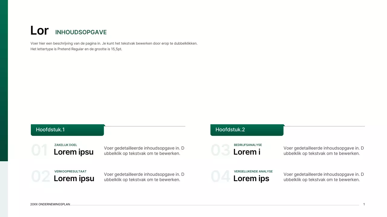 Presentatiepakket voor ondernemingsplan met een indexconcept met kleurverloop in groen