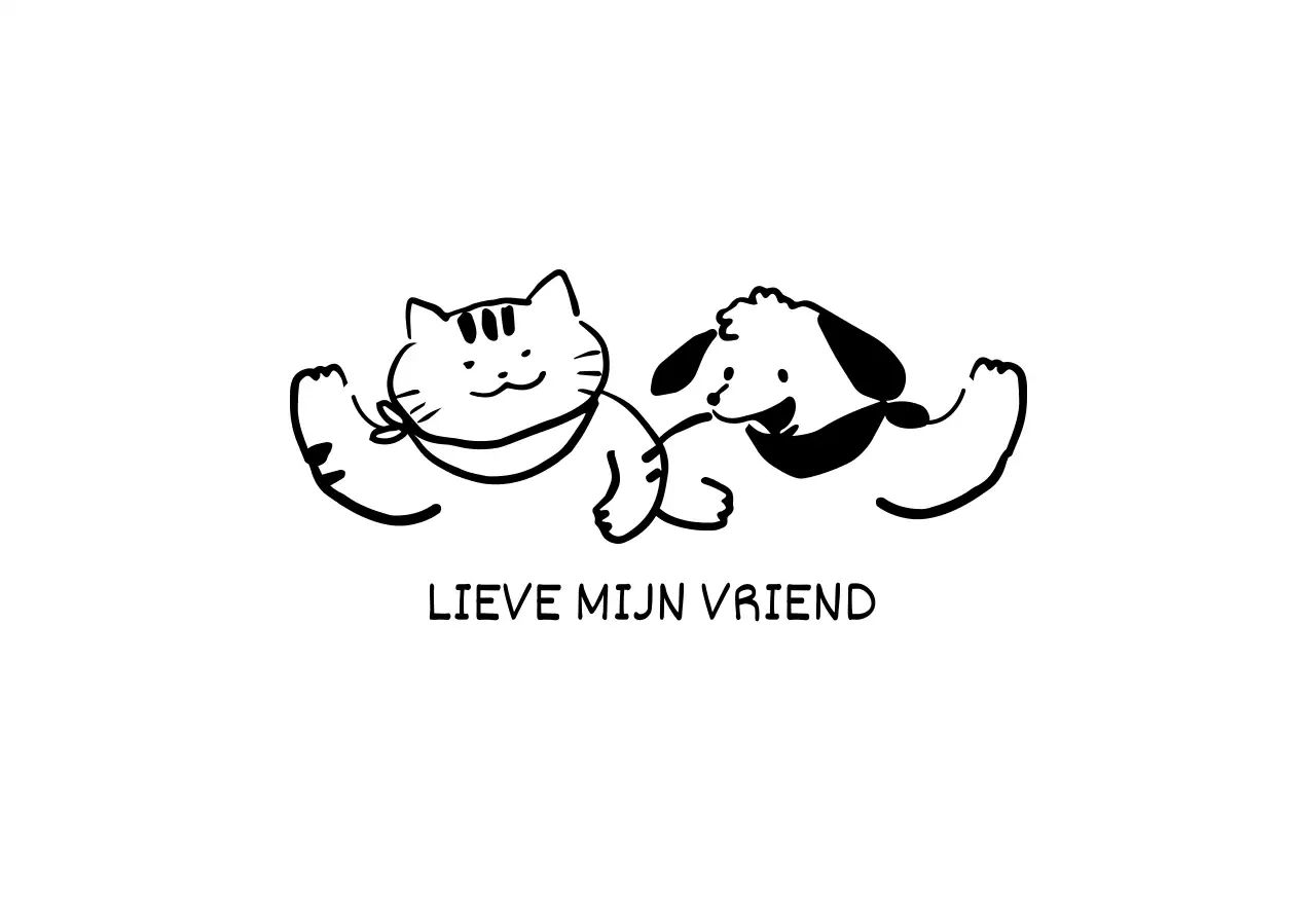 Ontwerp met een lijnillustratie van een schattige kat en hond die hallo zeggen in zwart