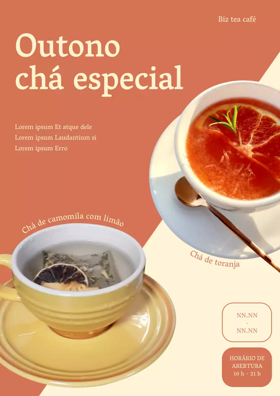 Cartaz de chá de outono com fotografias de dois menus sobre um fundo dividido