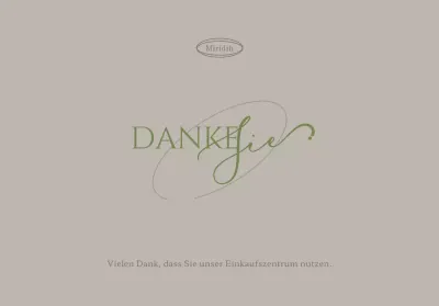 Gebrandeter Postkartenumschlag mit gedeckten Farben, Text zur Kundenanerkennung und kreisförmiger Illustration