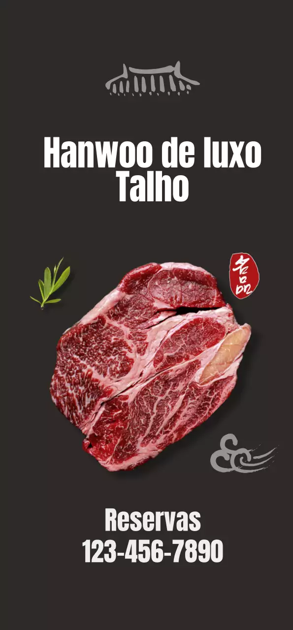 Promover um restaurante limpo de inspiração coreana com imagens de carne de vaca coreana num fundo preto
