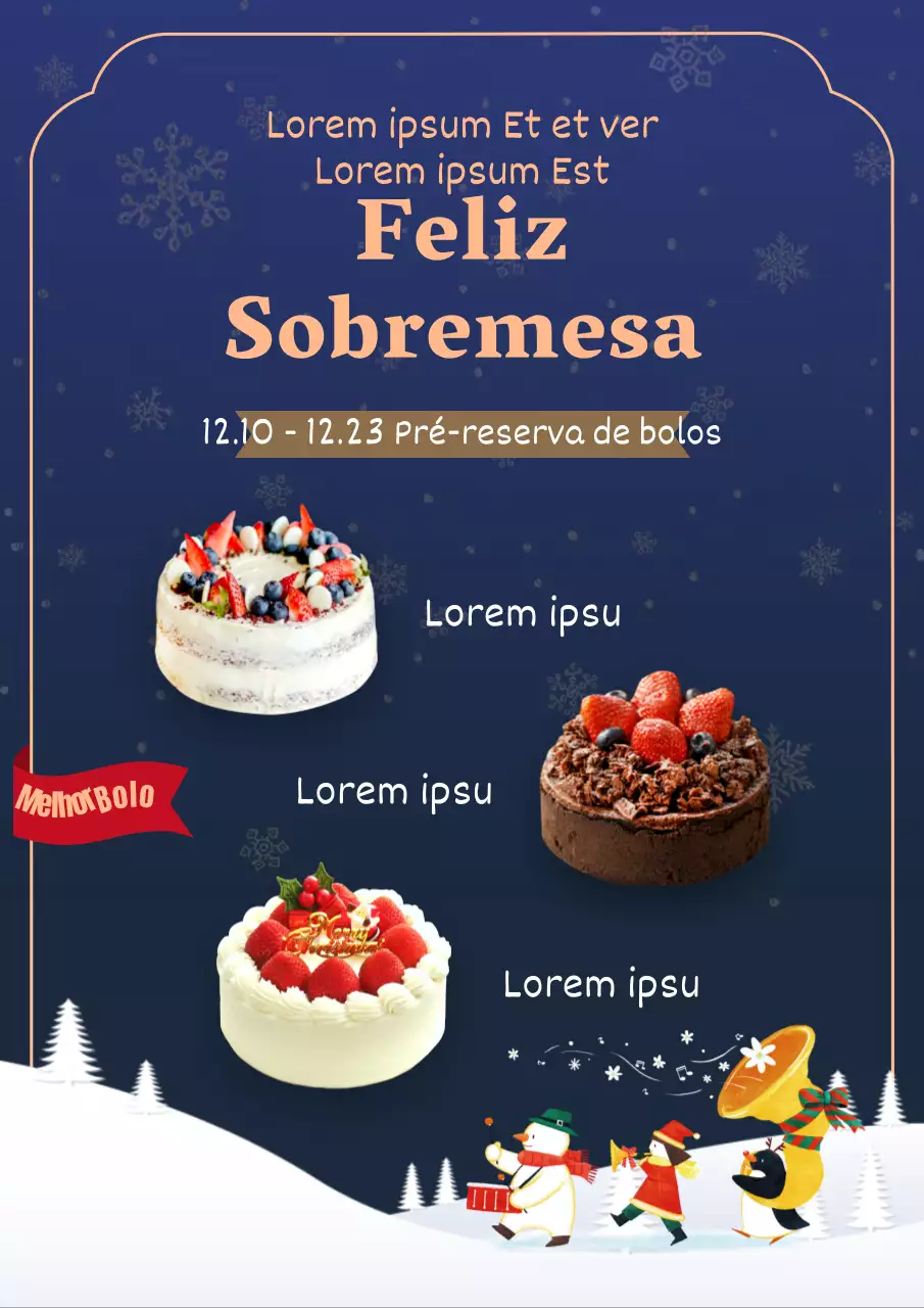 Cartaz de pré-encomenda de bolo com fundo azul e castanho claro
