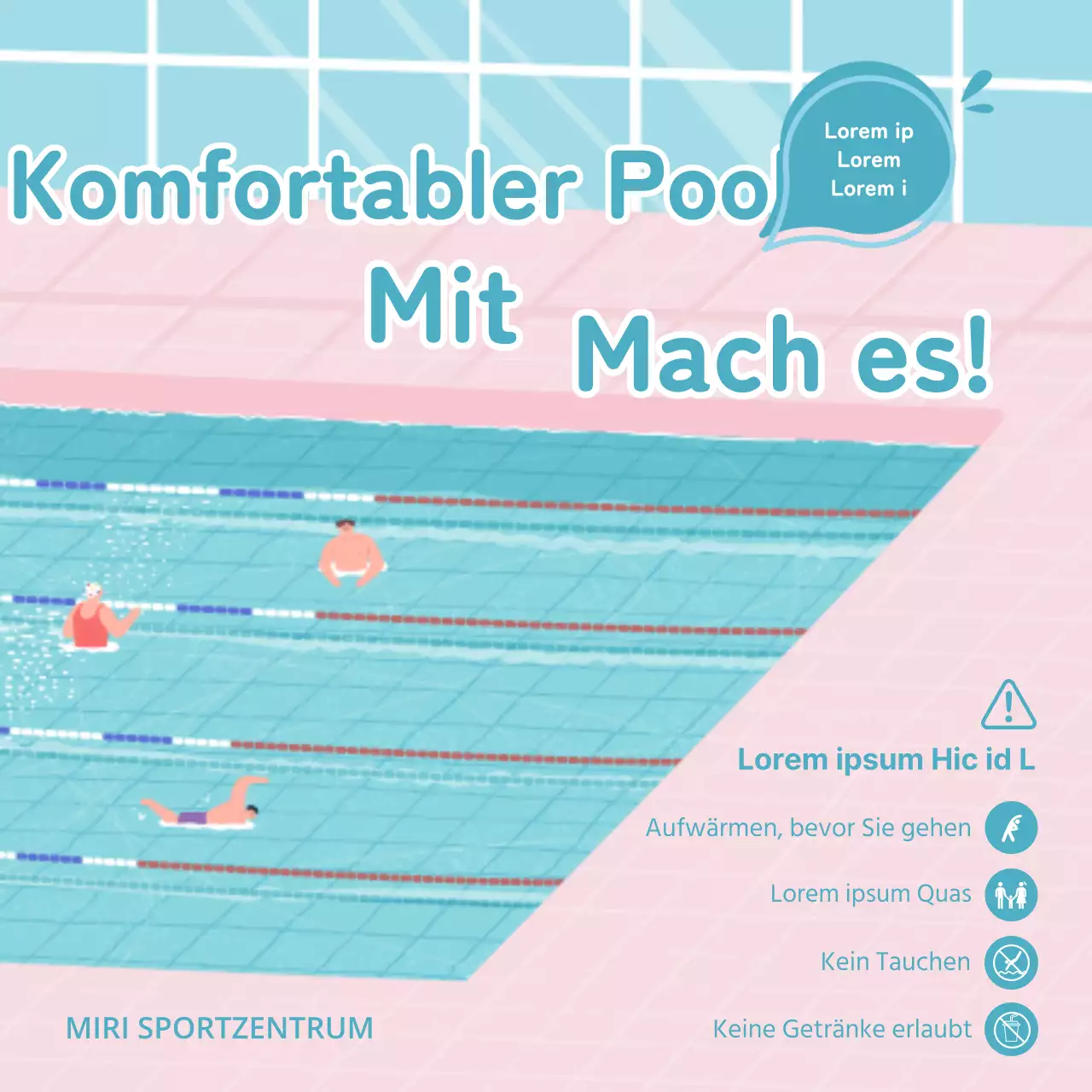 Sicherheitstipps für Schwimmbäder mit Illustration eines Schwimmbeckens mit hellblauem Wasser und rosa Fliesen