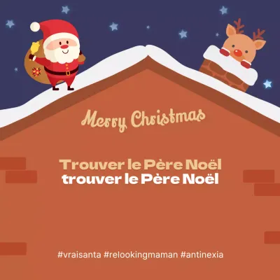 Événement de Noël avec le Père Noël et Rudolph dans la cheminée du toit