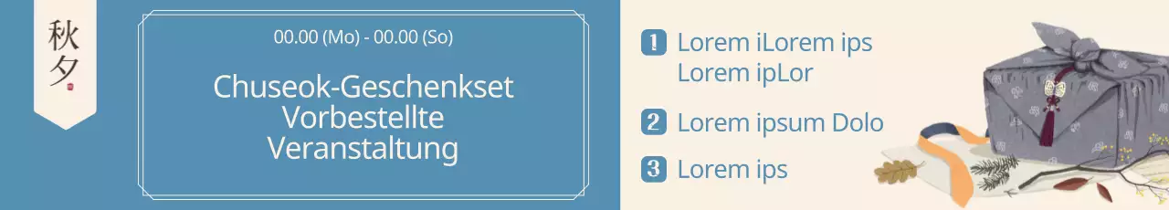 Event-Banner mit Geschenk-Illustration auf einem harmonischen Hintergrund aus Blau- und Elfenbeintönen