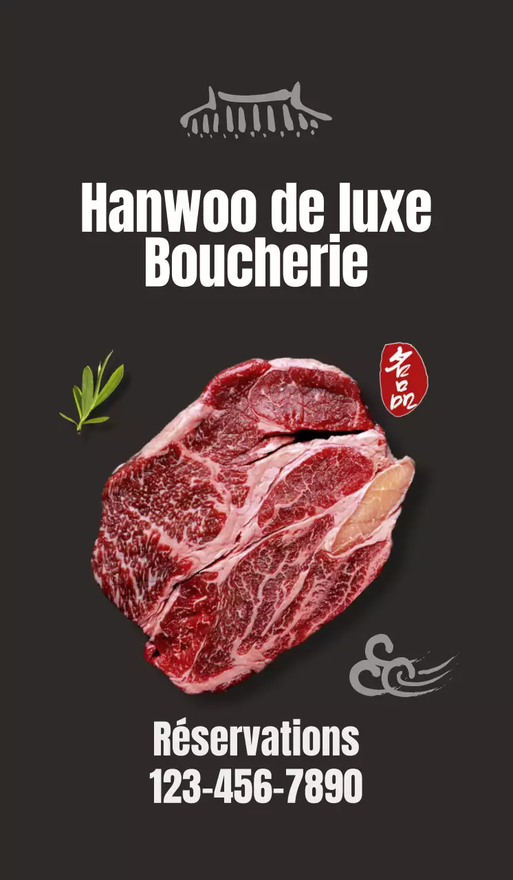 Promouvoir un restaurant propre, d'inspiration coréenne, avec des images de bœuf coréen sur fond noir.