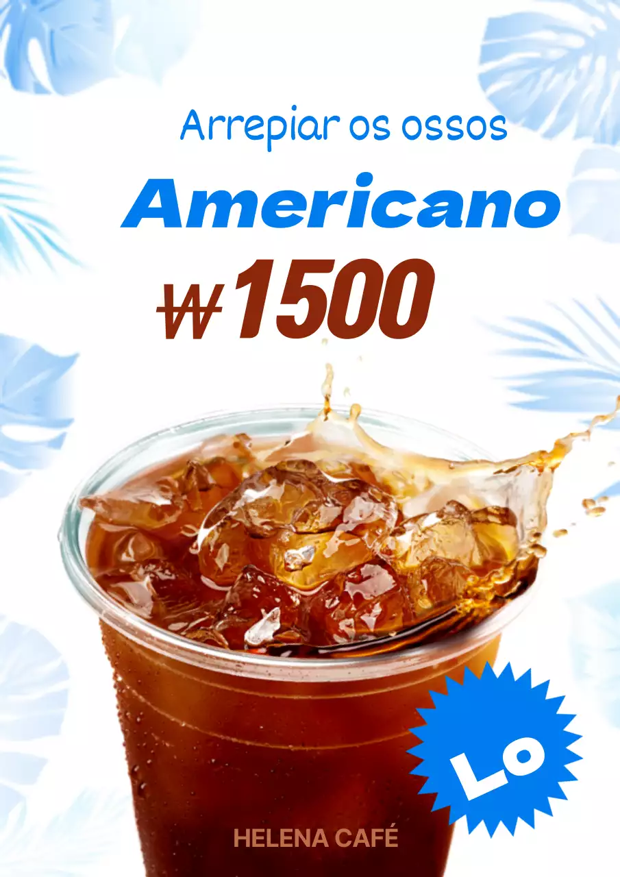 Promover um menu de café gelado fresco com ilustrações de plantas tropicais azuis e fotografias de café
