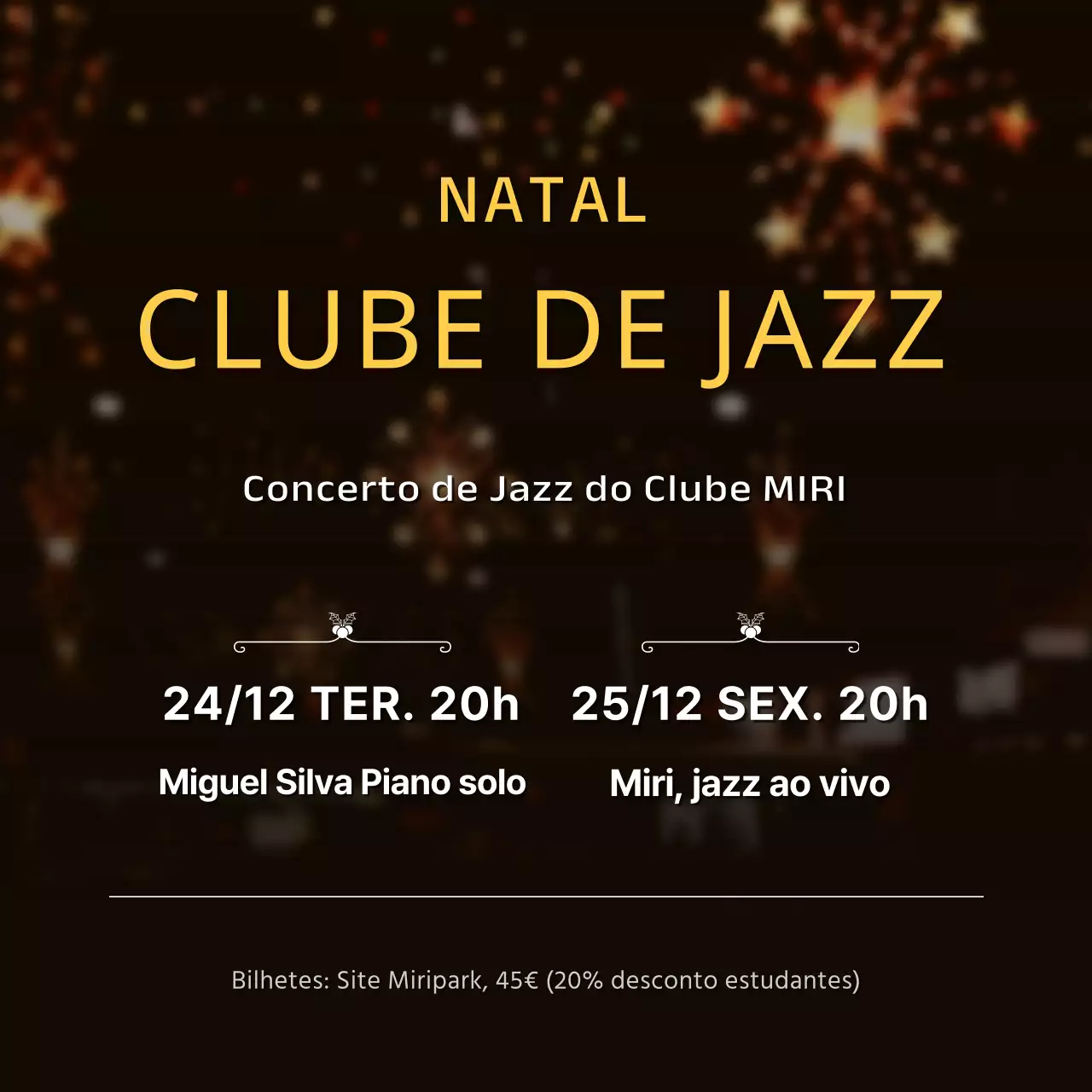 Quadrados de redes sociais em preto para o concerto de Natal