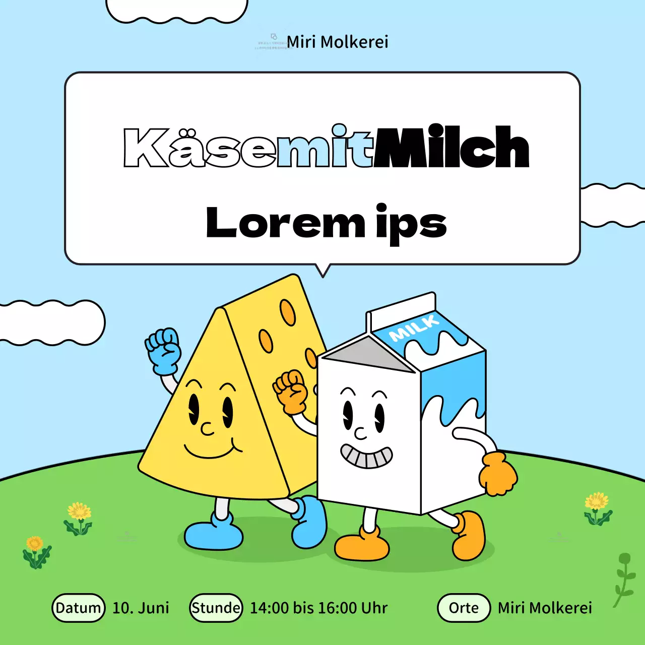 Förderung eines minimalistischen Cartoon-Milchviehbetriebs in Hellblau und Gelb