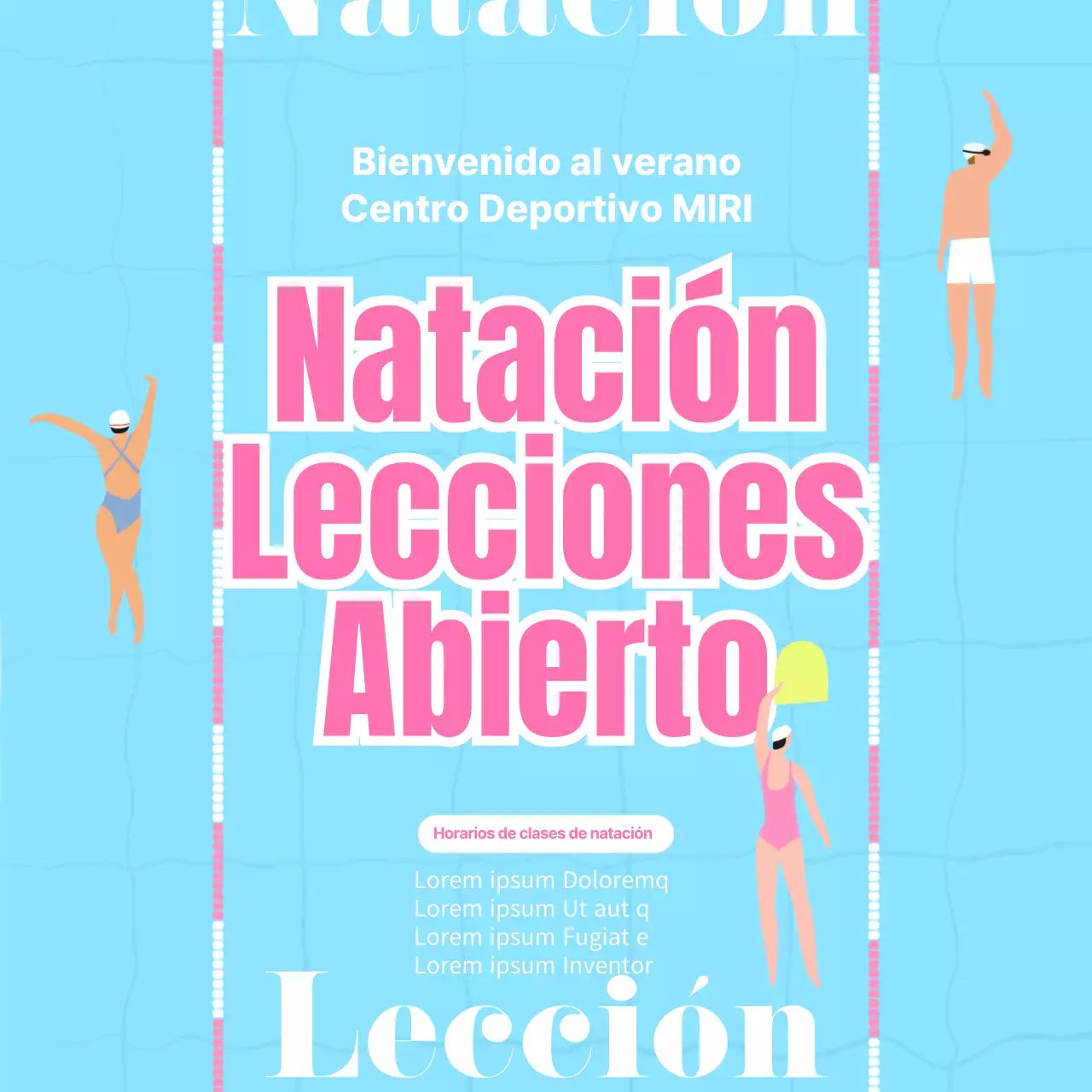 Promocione el inicio de las clases de natación con un fondo azul de ilustración de piscina vista desde arriba