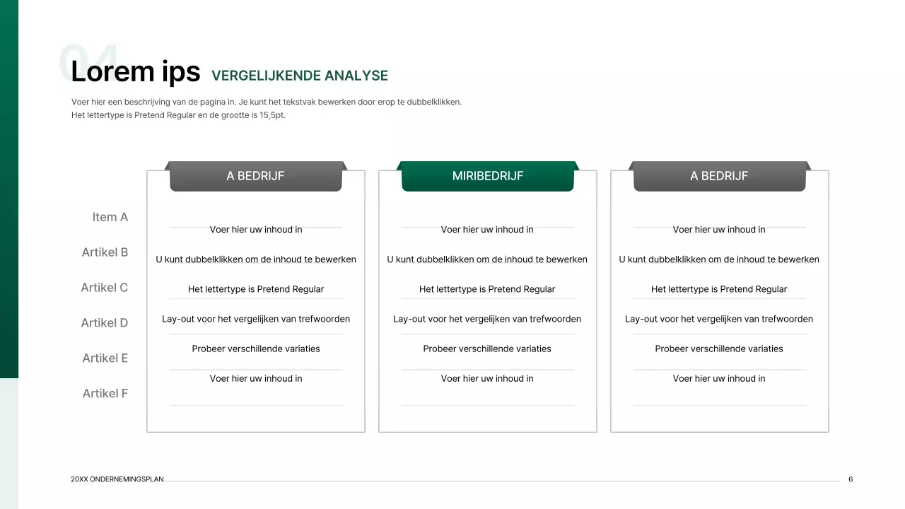 Presentatiepakket voor ondernemingsplan met een indexconcept met kleurverloop in groen