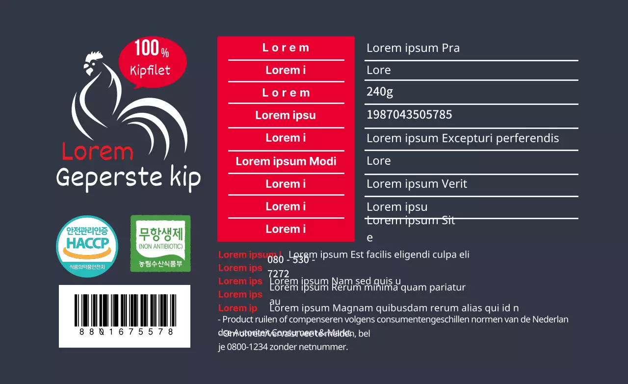 Navy blauw rood logo detailetiket