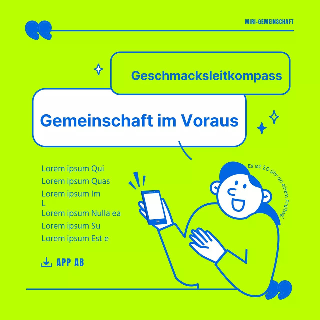 Förderung einer minimalistischen Gemeinschaft in fluoreszierenden Farben und Blautönen