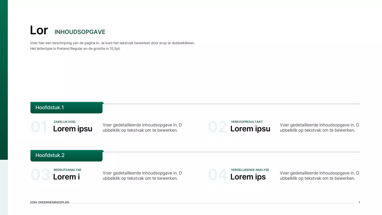 Presentatiepakket voor ondernemingsplan met een indexconcept met kleurverloop in groen