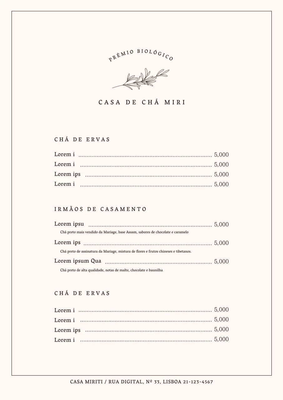 Menu de um café simples