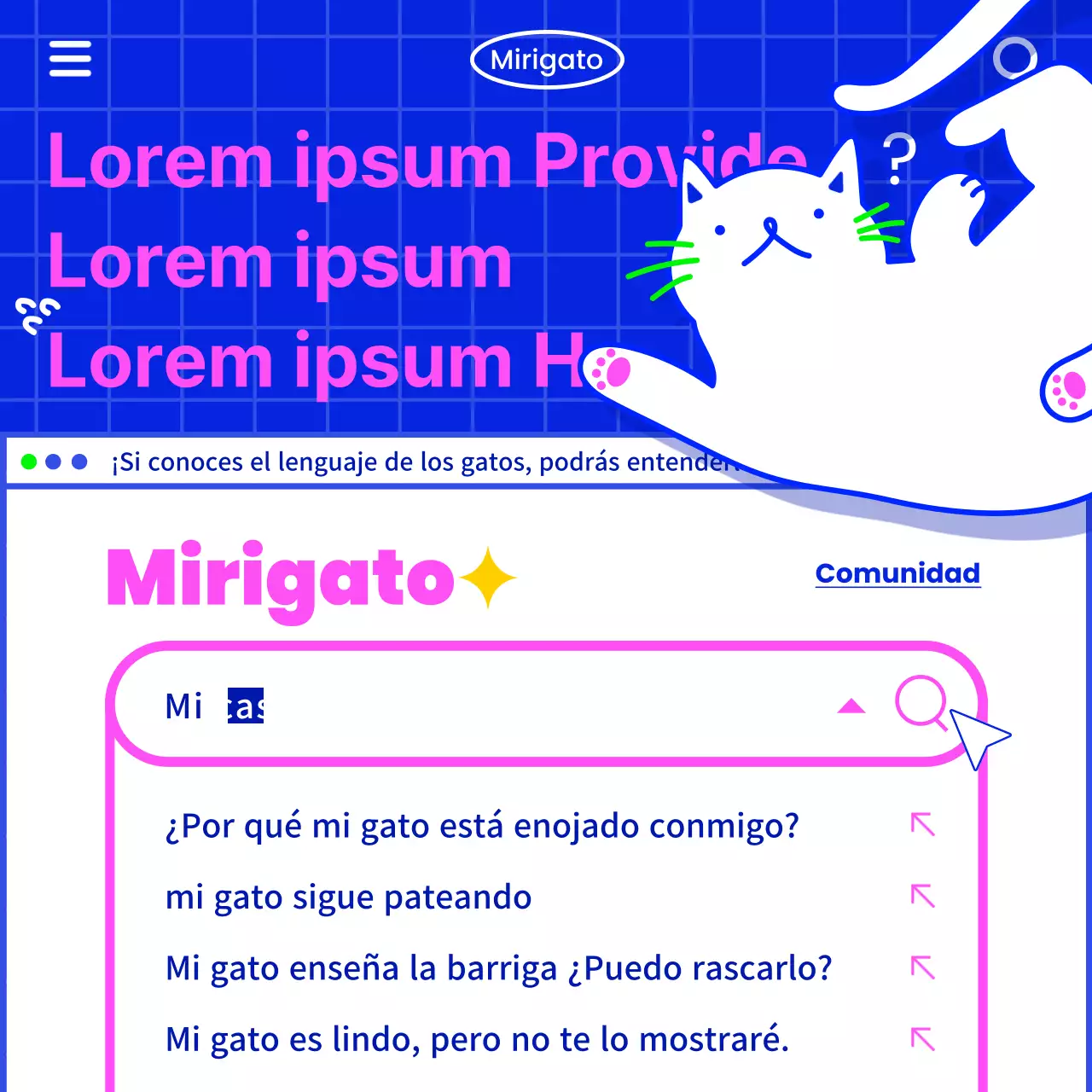 Comunique información sobre gatos con un toque retro de Internet, con una ilustración de un gato blanco sobre fondo azul